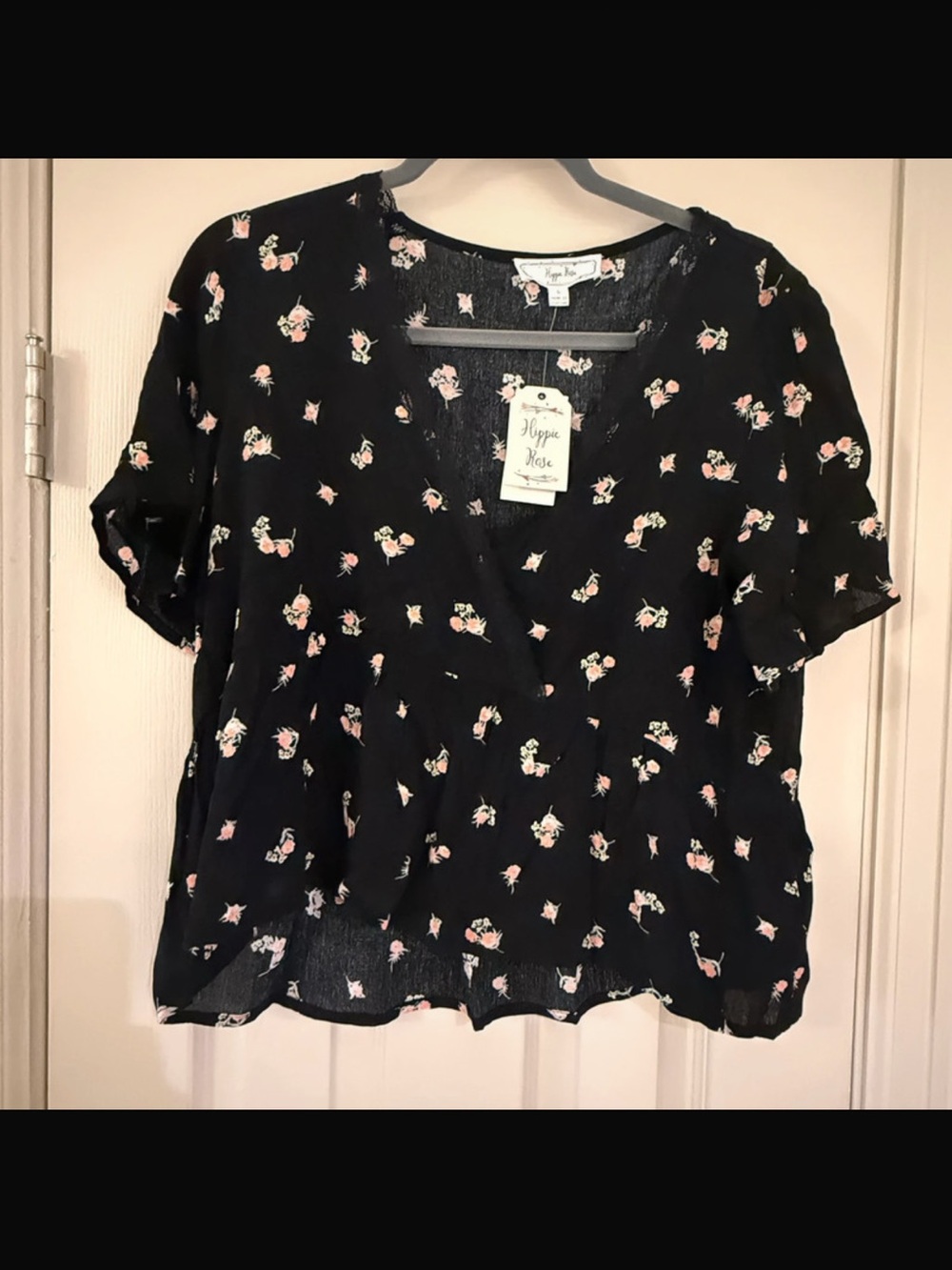 Hippie Rose Black Floral V-Neck Short Sleeve Blouse